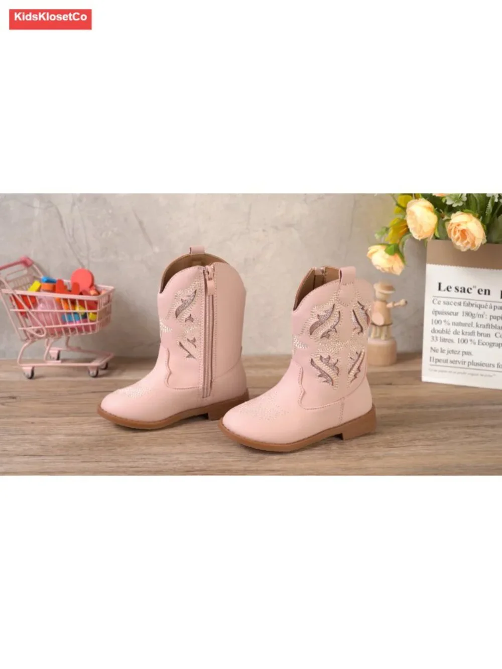 Toddler Girls Cowboy Cowgirl Boots Round Toe Mid Calf Side Zipper Riding Shoes